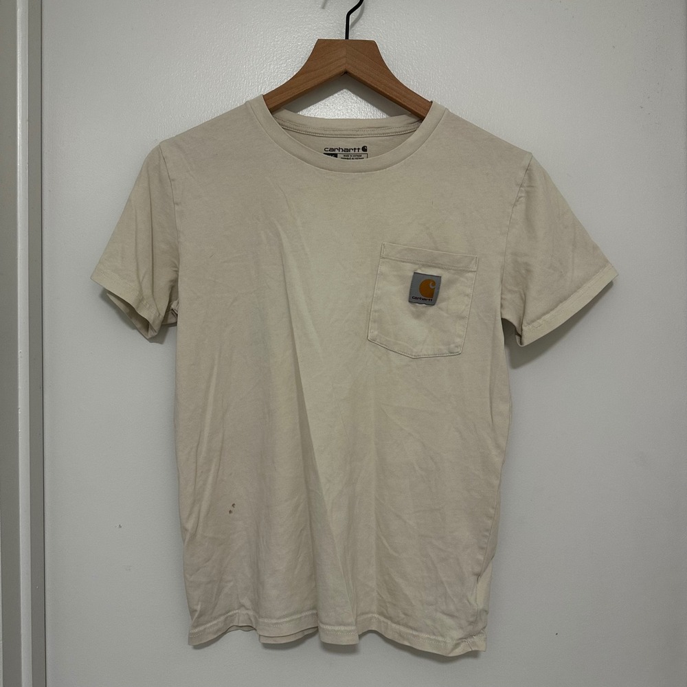 Carhartt | Kid's Boy Cream Tan Back Graphic Pocket T-Shirt, Size Large 14-16